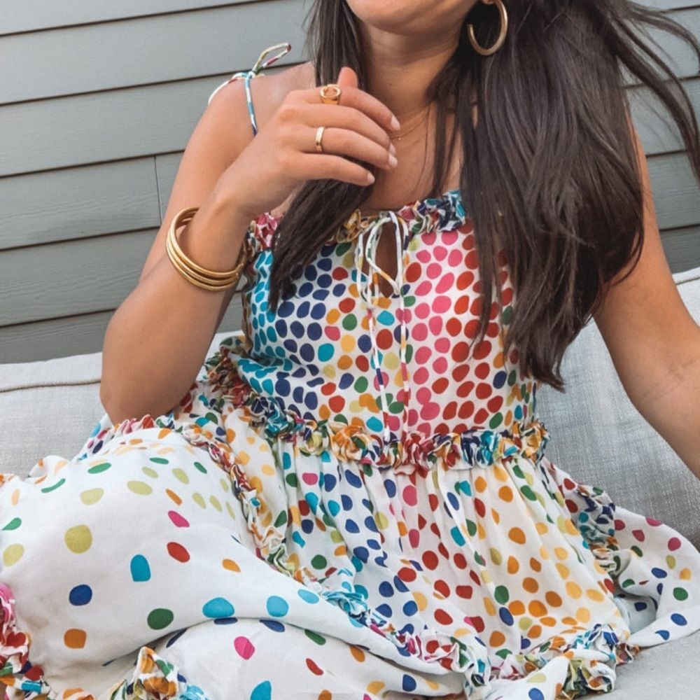 All Things Mochi Rainbow Polka Dot Tiered Mini Dress Silk Size‎ Small